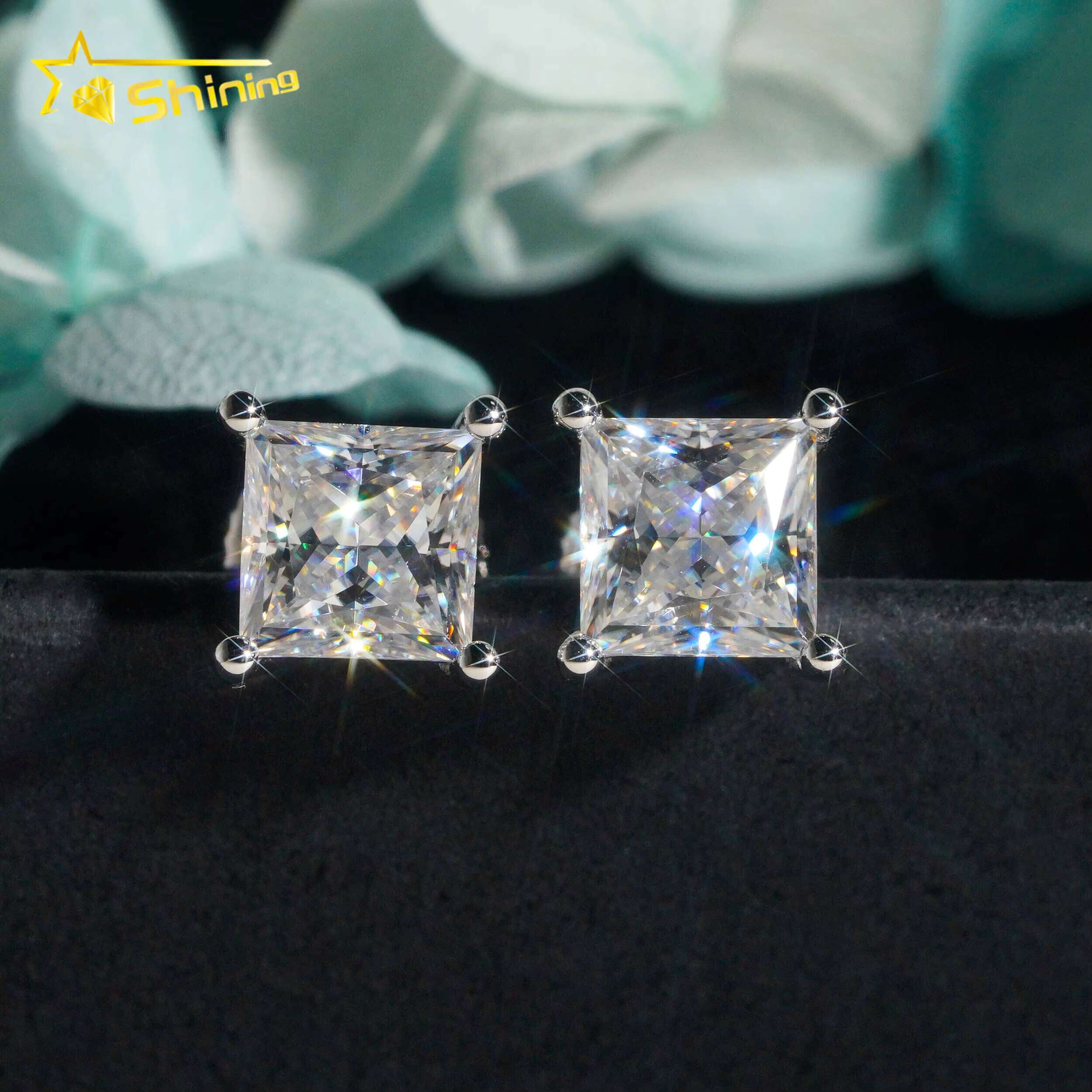 Dropshipping Real Gold Jewelry 10k Solid Gold Princess Cut Moissanite Screw Back Stud Earring