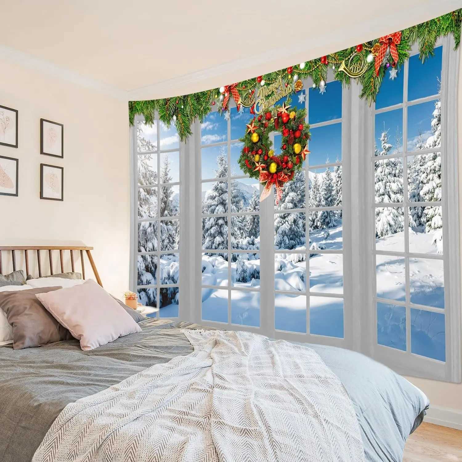 Winter Christmas Tapestry Pine Forest Snow Scene outside the Window and Christmas Wreath Holiday Decor Wall Tapestry for BedroomM251125