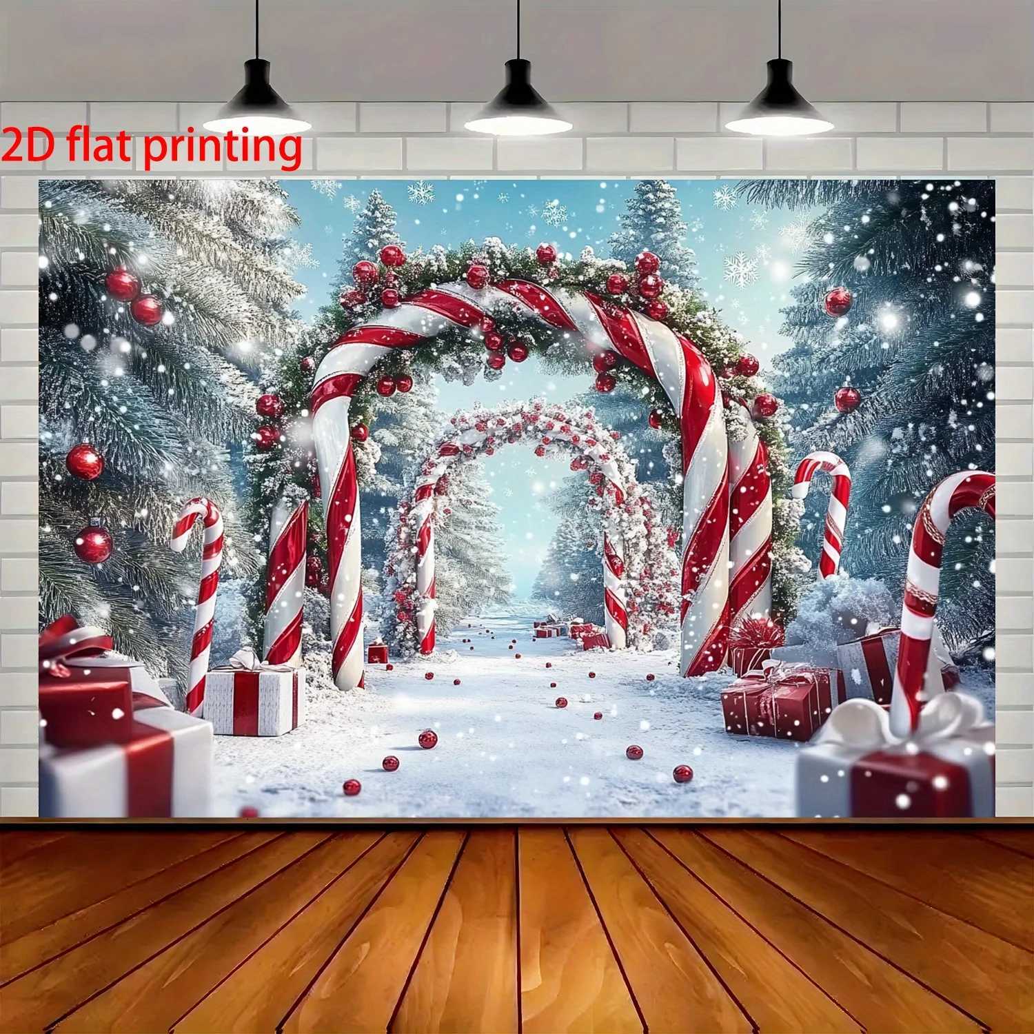 1 Piece Pink Winter Wonderland Background Tapestry Christmas Decoration with Candy Cane Christmas Tree and Snowy TrailHome DecorM251125