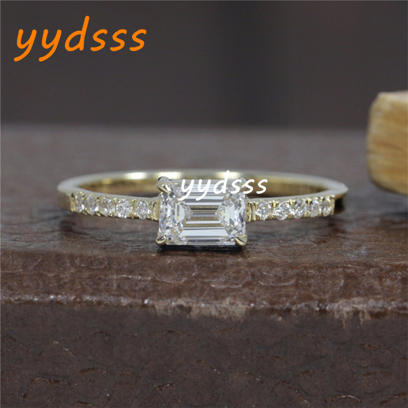 Jewelry Fashion 0.6 Carat Emerald Cut East West Lab Diamond Ring 14K 18K Real Gold Engagement Ring For Women Half Set Ring Band