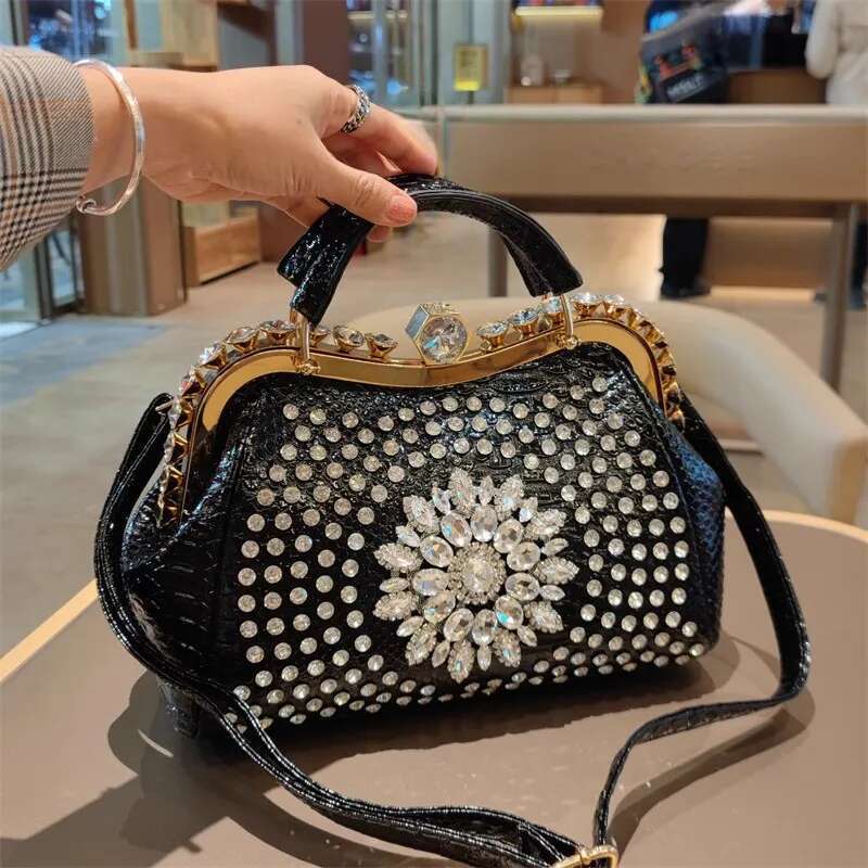 Spring new rivet crystal horizontal large-capacity metal button handbag banquet dress one-shoulder cross-body women's bag