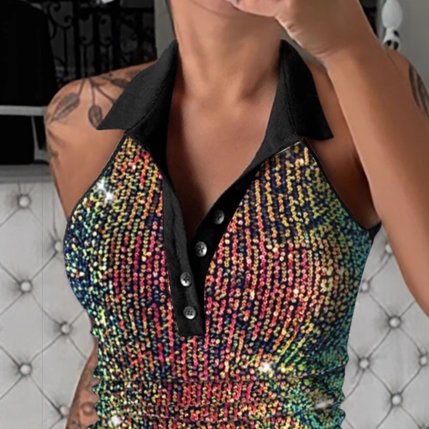 2025 new summer fashion sequin lapel button slim fit sleeveless vest womens clothing