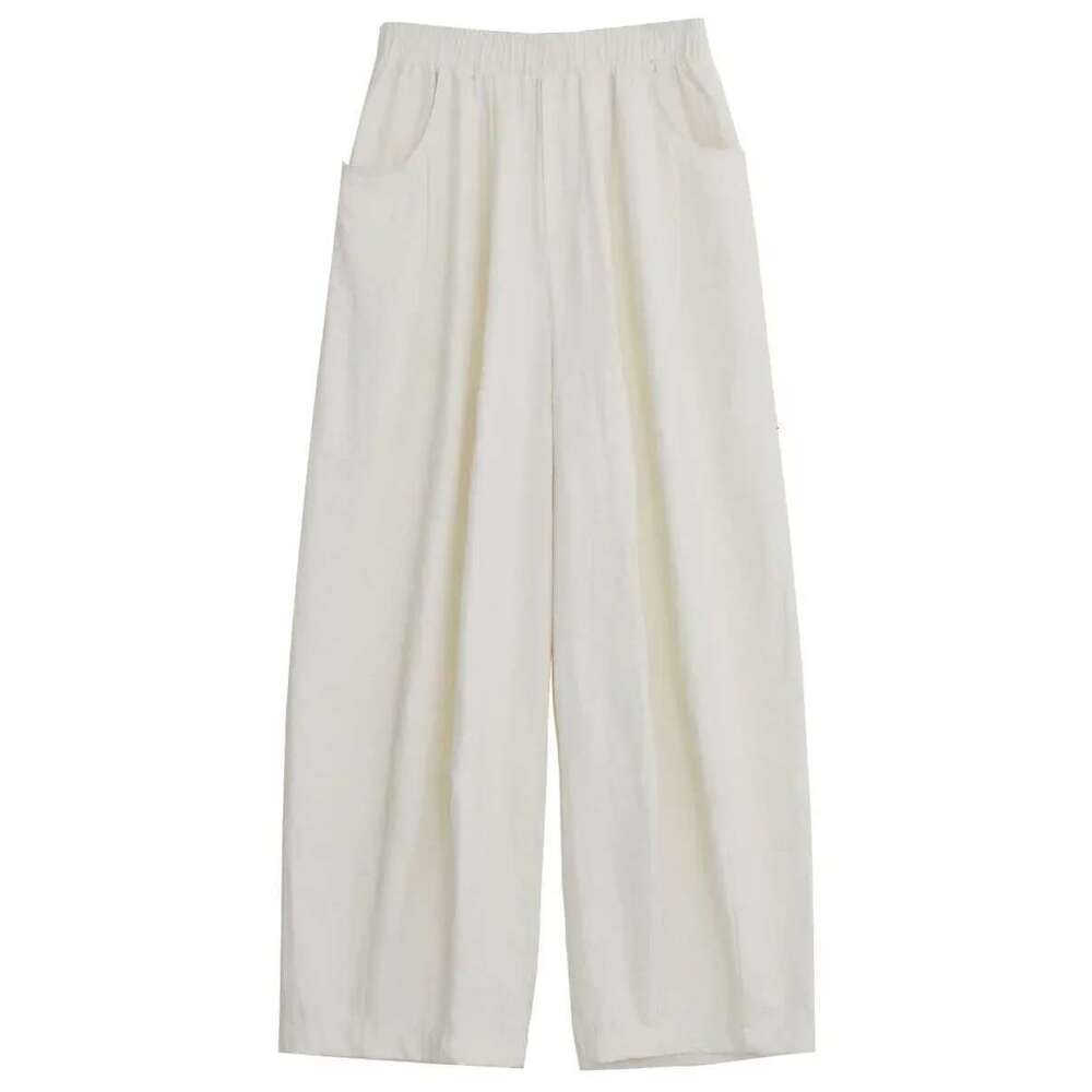CHIC VEN Women White Pants Solid Casual Elastic Waist High Waisted Pleated Wide Leg Female Trousers Fold Summer 2025 Clothing