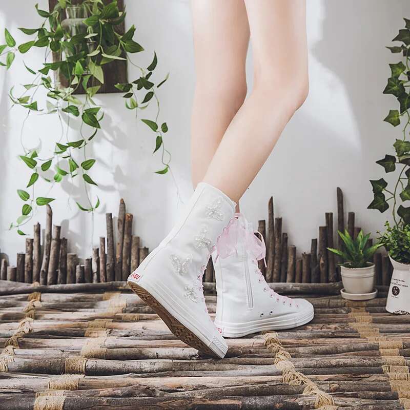 Spring and summer side zipper ribbon pearl butterfly medium canvas boots casual flat inner heightening large size women's shoes