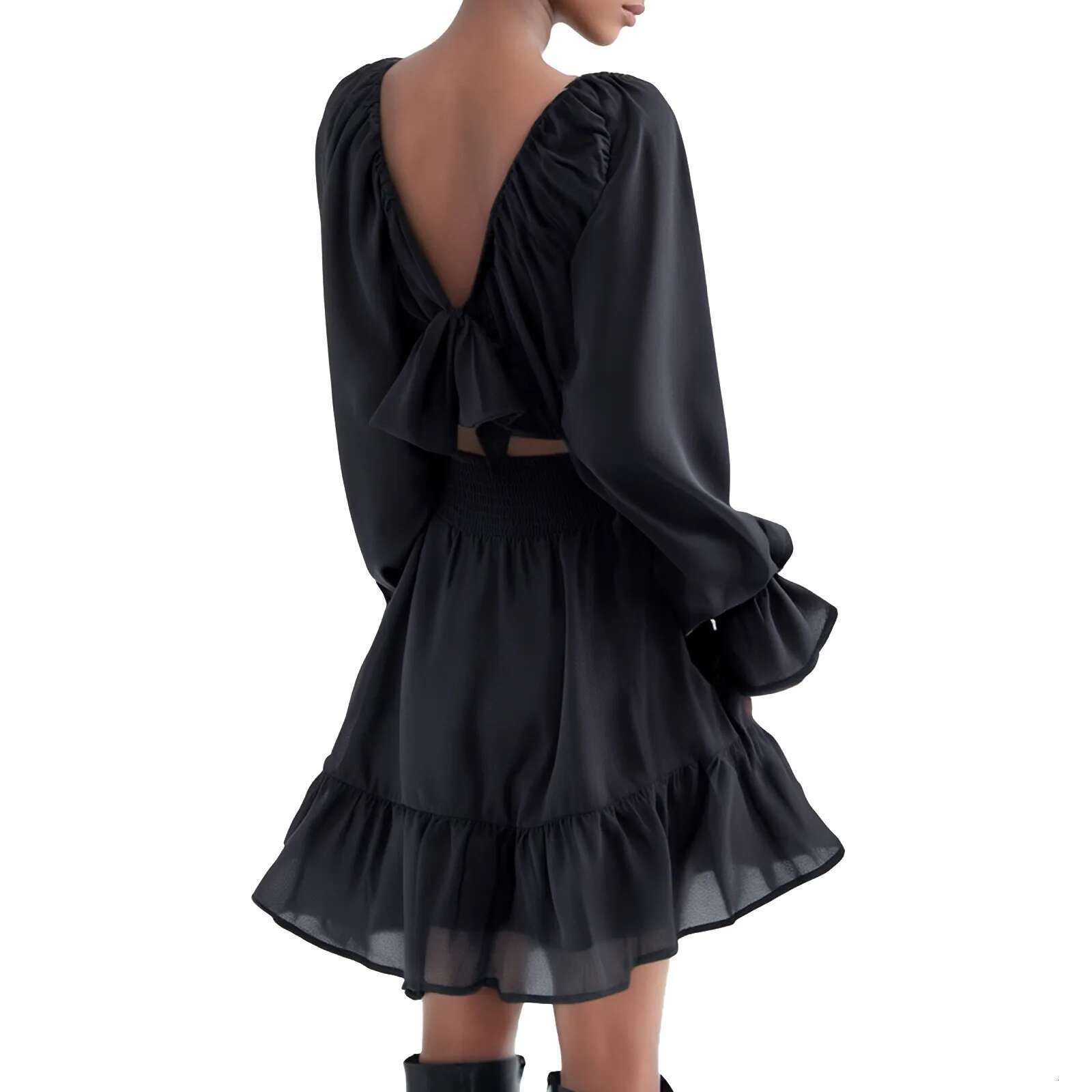 Dongdumaoyi Women Ruffle Layered Puff Sleeve Dress Black Off Shoulder Long Short Romper Elegant Swing Jumpsuit Streetwear