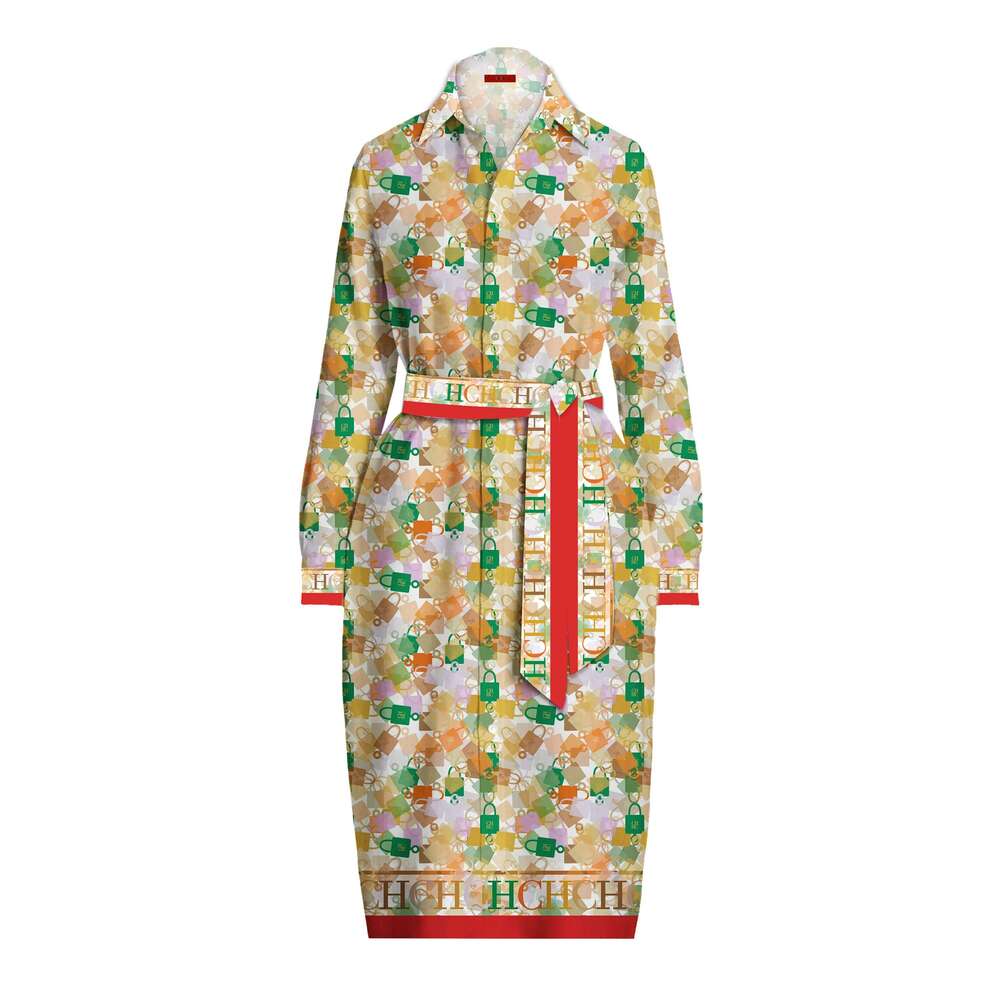 CHCH Vintage Printed Midi Dress For Women Fashion V Neck Long Sleeves Bodycon Dresses 2024 Summer Lady Street Robes
