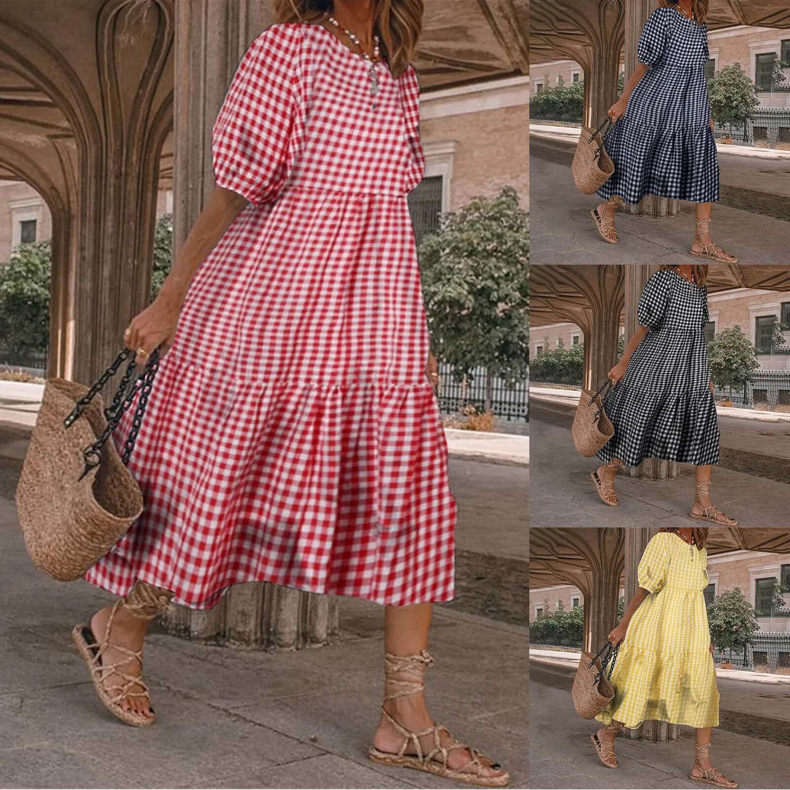 Dongdumaoyi Summer Plaid Dress Women New Street Short Sleeve Loose Casual O Neck Half A Line Dresses Vacation Beach Long Skirt