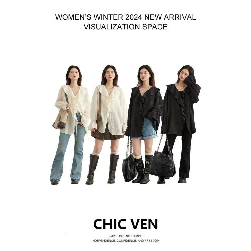 CHIC VEN Women Shirt Loose Casual Ruffled Edges Female Blouses V Neck Lace Up Mid Length Woman Shirts Spring Summer 2024