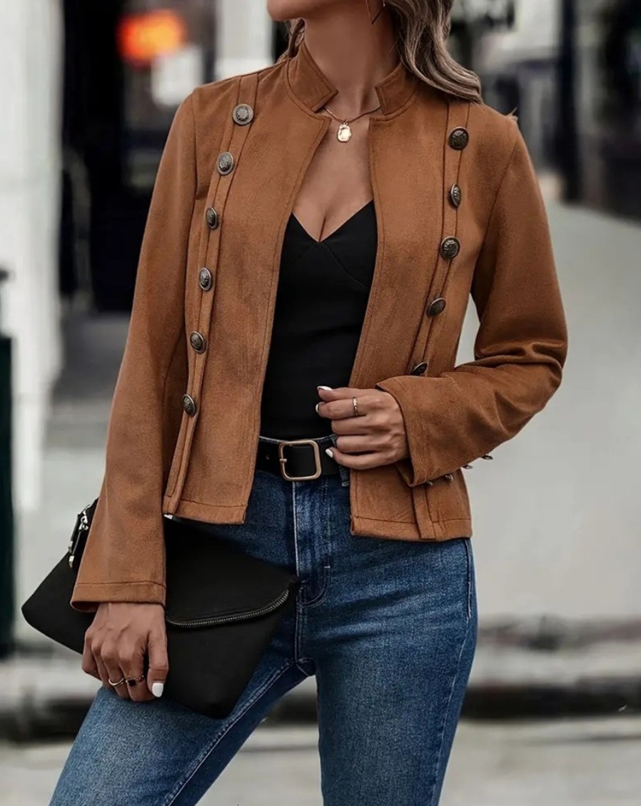 2024 Solid Color Double breasted Decorative Jacket New Deer Velvet Long Sleeve Coat