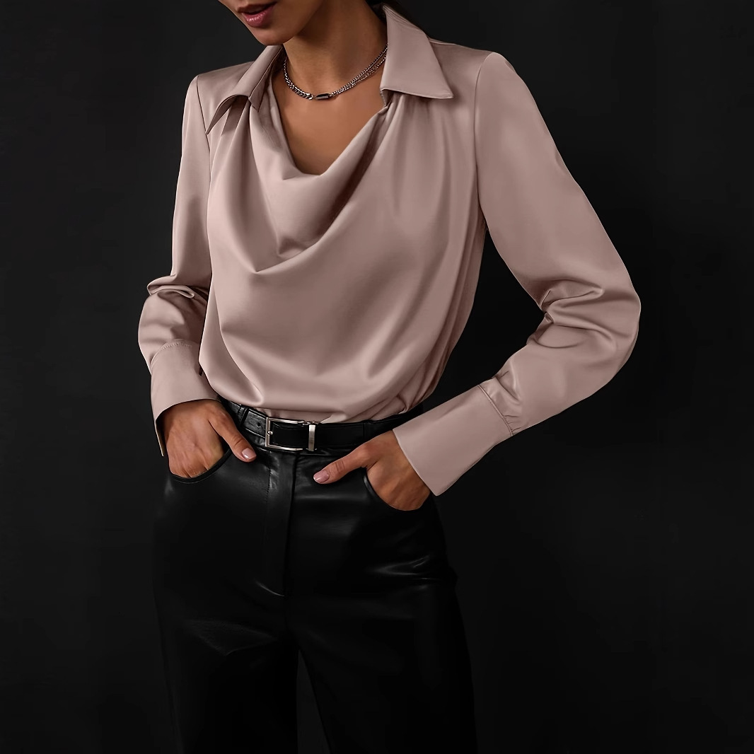 2024 Autumn Style Solid Color Simple Swinging Collar Womens Top Shirt Women