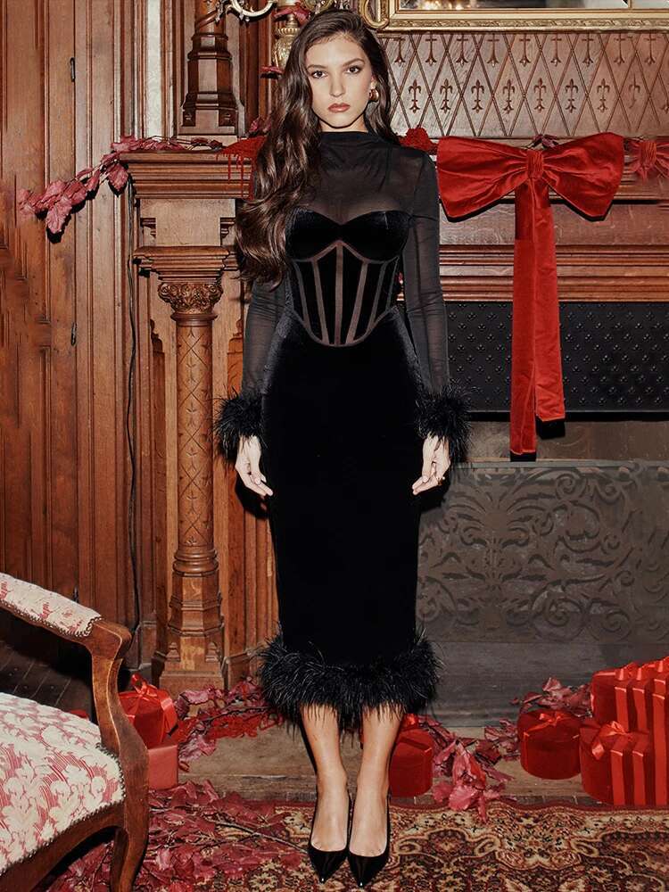 Dongdumaoyi Townlike Patchwork Mesh Velvet Christmas Dress Women Autumn Winter Elegant Midi Long Slim Bodycon Sexy Party Dresses