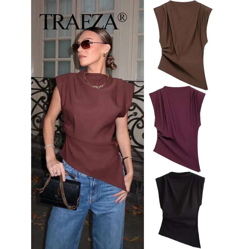 Designer Clothes TRAFZA 2025 Female Fashion Asymmetrical Camis Solid Brown O-Neck Sleeveless Summer Holiday Casual Tank Tops Woman Street Trendy