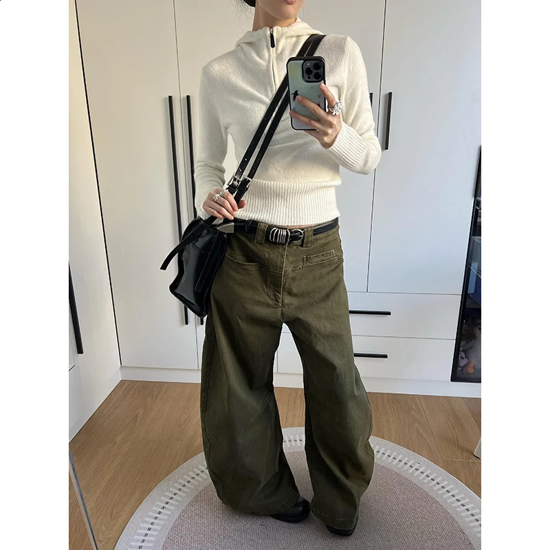Spring 2025 Womens Jeans High Waist Bag Casual Retro Y2K Army Green Straight Pants American Wide Leg Cowboy Trouser 250417
