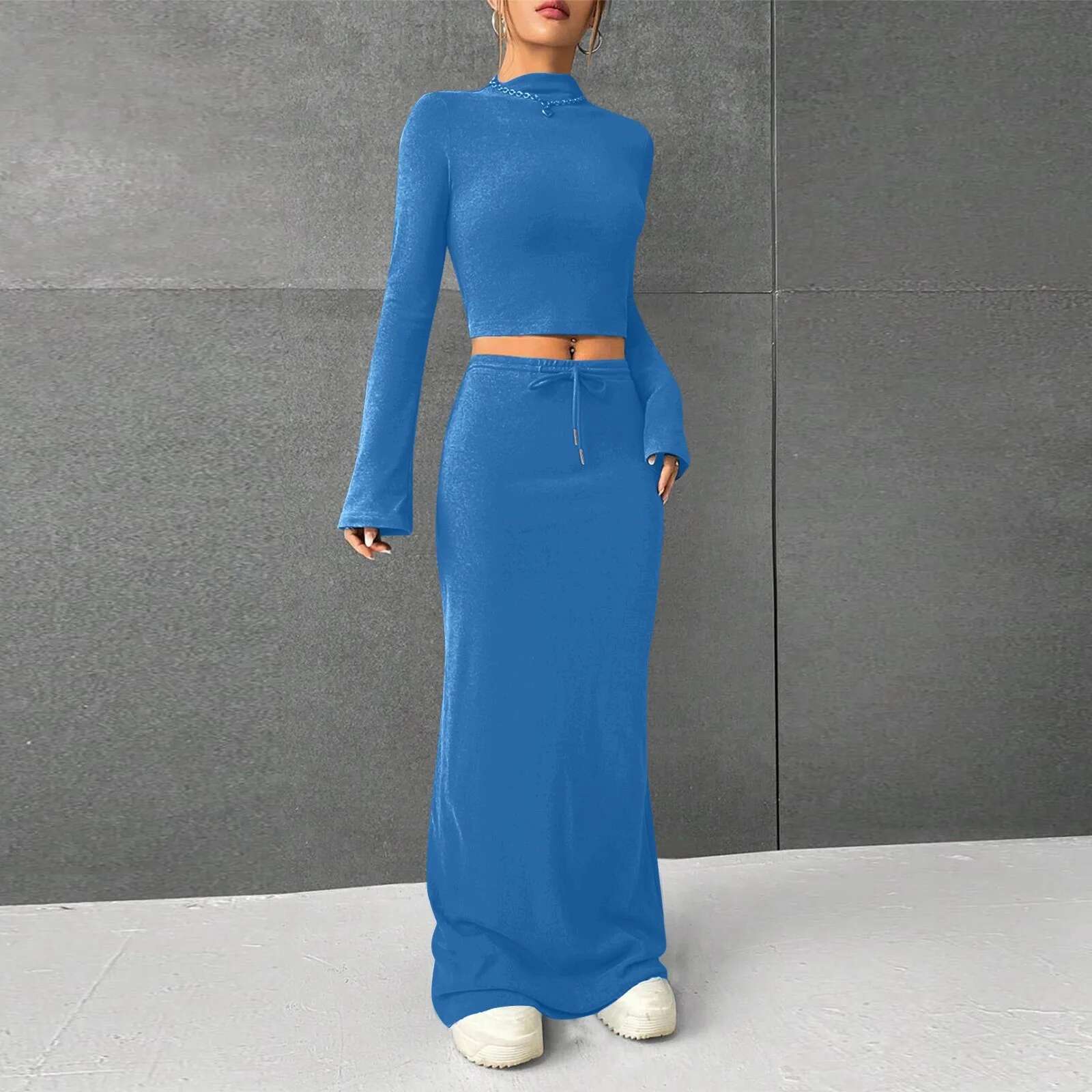 Dongdumaoyi Women Y K Piece Set Solid High Turtle Neckline Full Sleeve Slim Top Waist Skinny Long Skirt Sets Fall Sexy Suit
