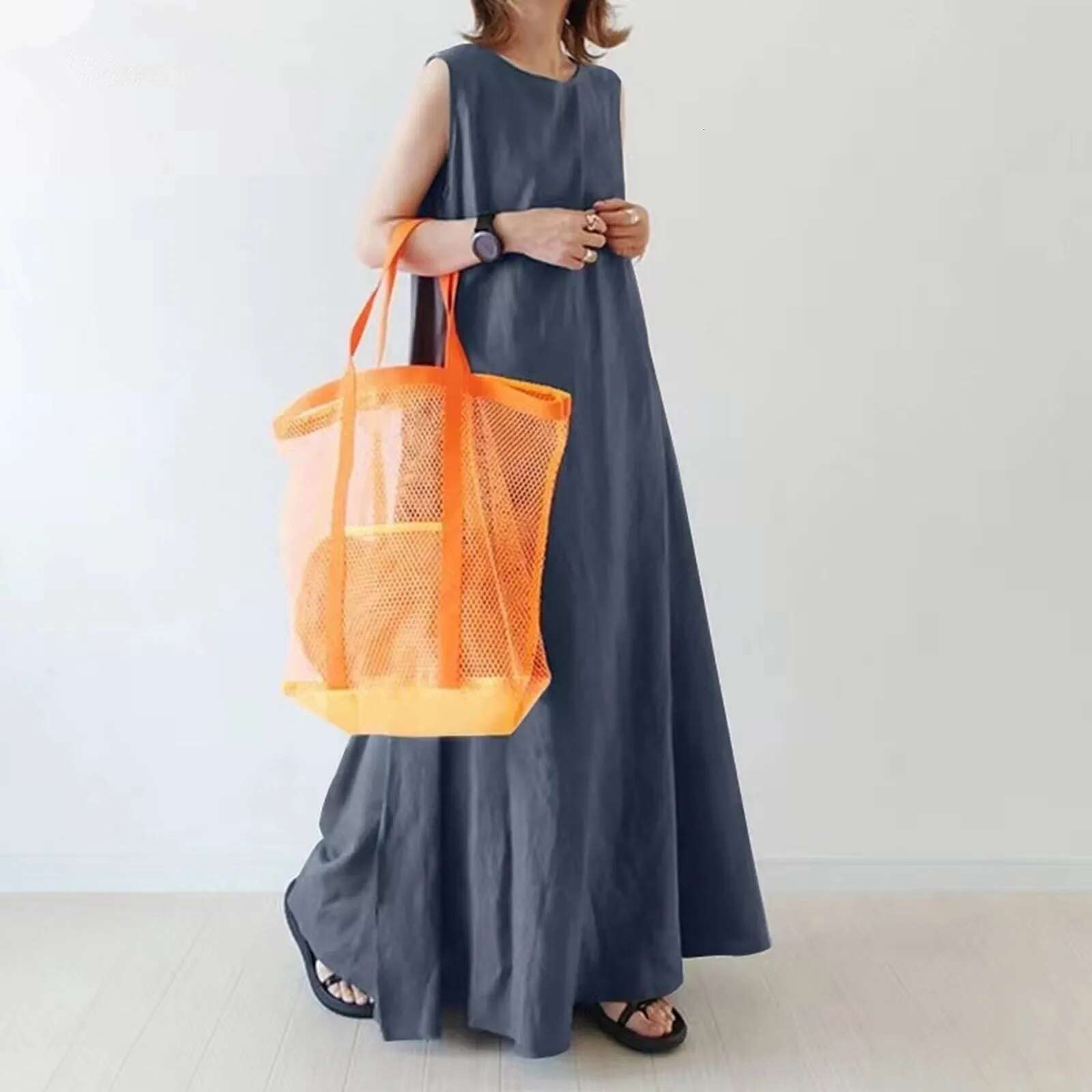Dongdumaoyi Loose Fit Maxi Dress Simple Style Solid Color Sleeveless Long Dresses Women Summer Fashion Casual O Neck Cotton Linen New
