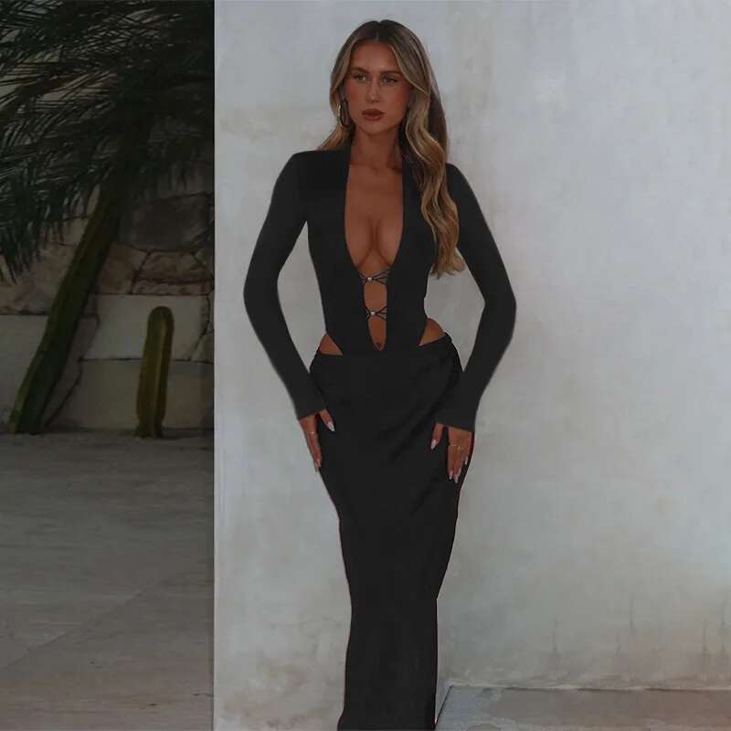 Dongdumaoyi Townlike Hollow Out Slim Bodycon Dress Women Autumn Winter Maxi Long Deep V Neck Nightclub Sexy Party Dresses
