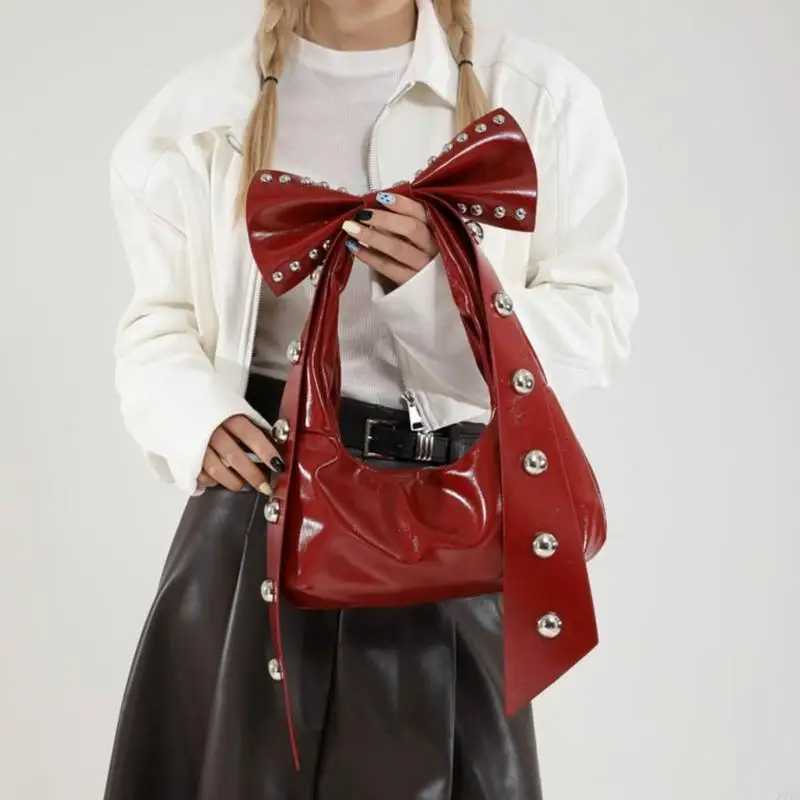 Rivet bow Y2K homeless handbag and wallet suitable for womens fashionable shoulder bag with detachable bow womens PU leather tote bag W250421
