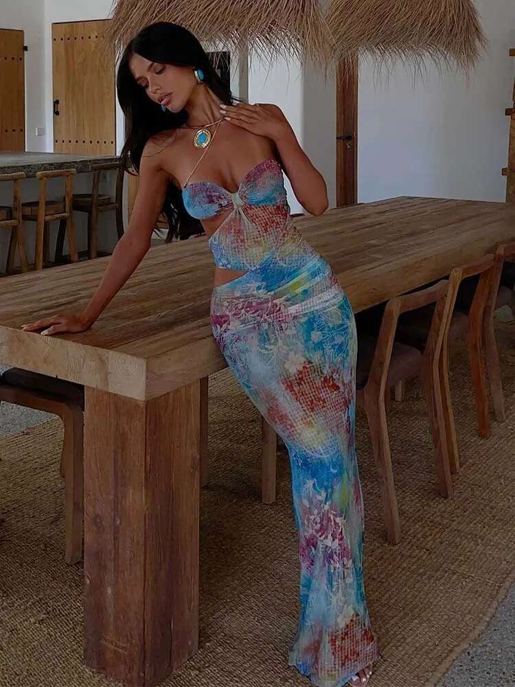 Dongdumaoyi Townlike Print Slim Bodycon Dress Women Strapless Spring Summer Maxi Long Hollow Out Nightclub Sexy Party Dresses