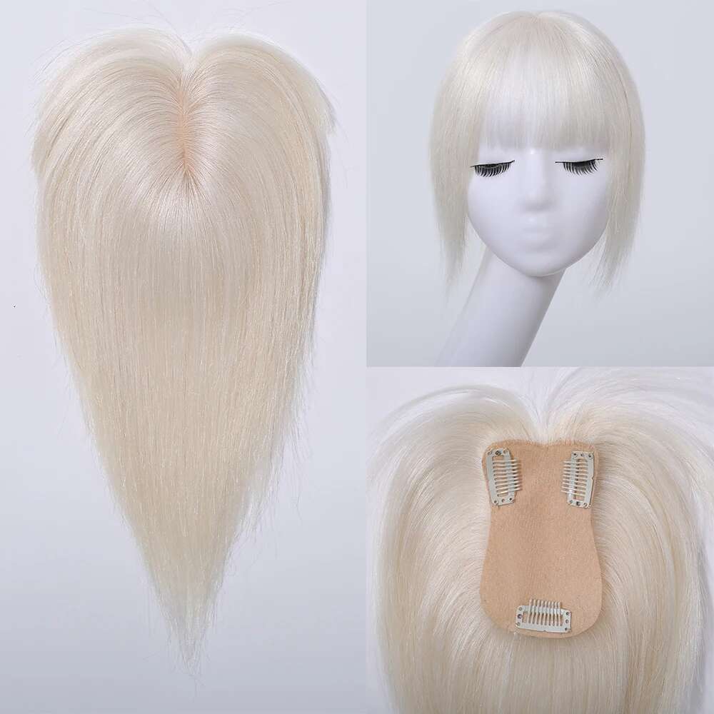 Platinum White Remy Human With Bangs 10 Inches Hairpieces Silk Base Clips In Toppers For Women Hair Extensions