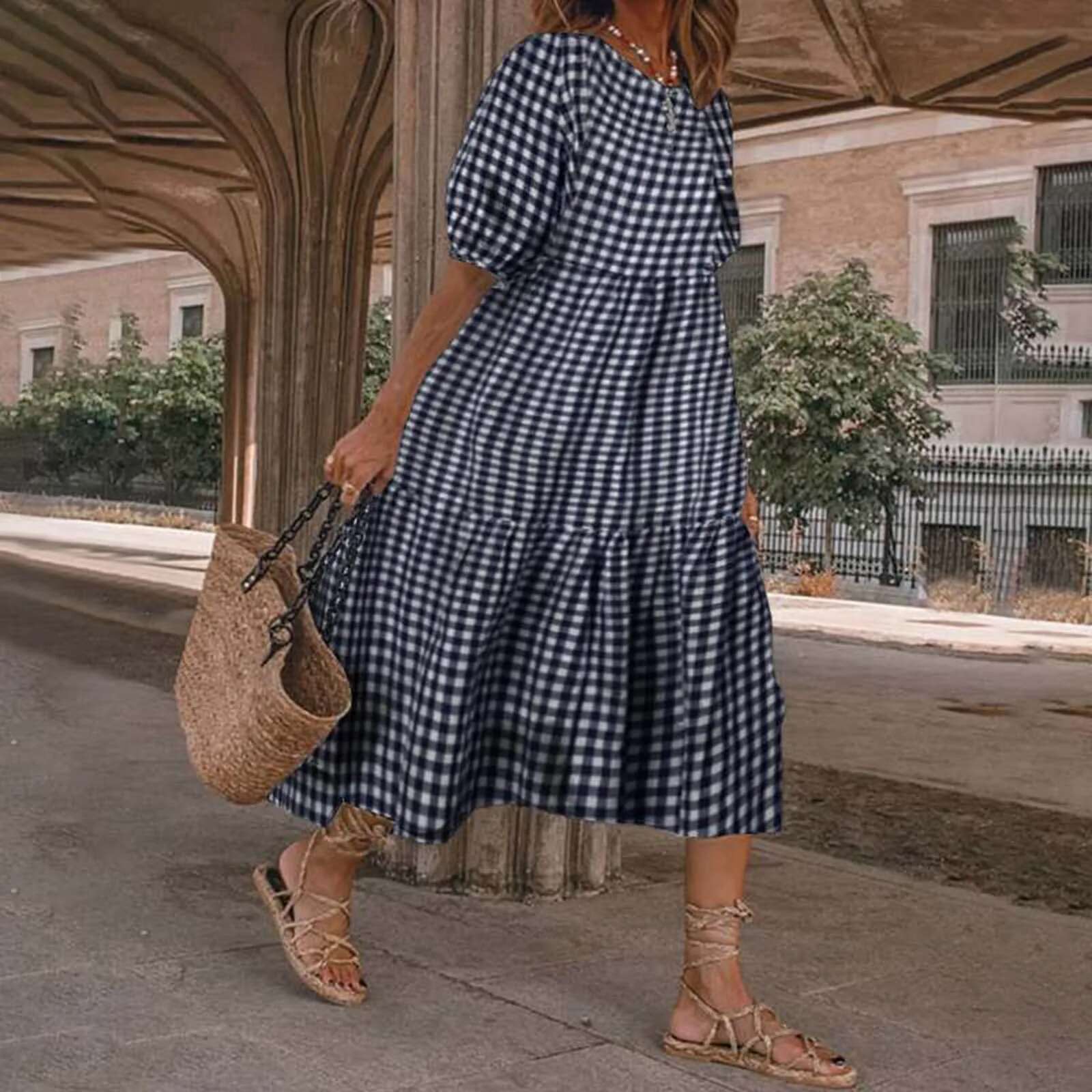 Dongdumaoyi Summer Plaid Dress Women New Street Short Sleeve Loose Casual O Neck Half A Line Dresses Vacation Beach Long Skirt