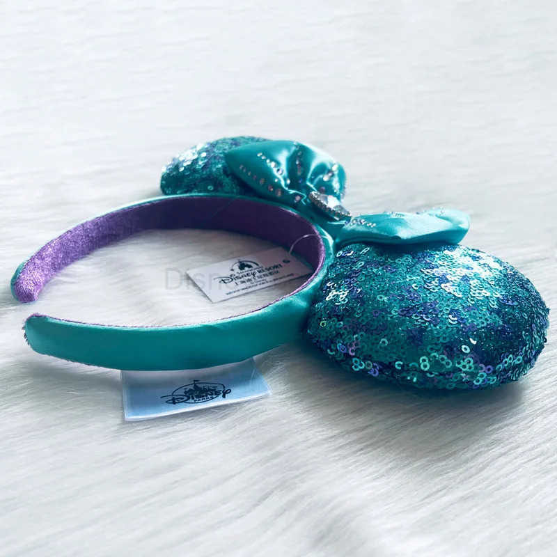 Disney Mermaid Ariel Headband Adult/Children Disneyland Mickey Emerald Green Sparkling Bow Female Minnie Ears X250425