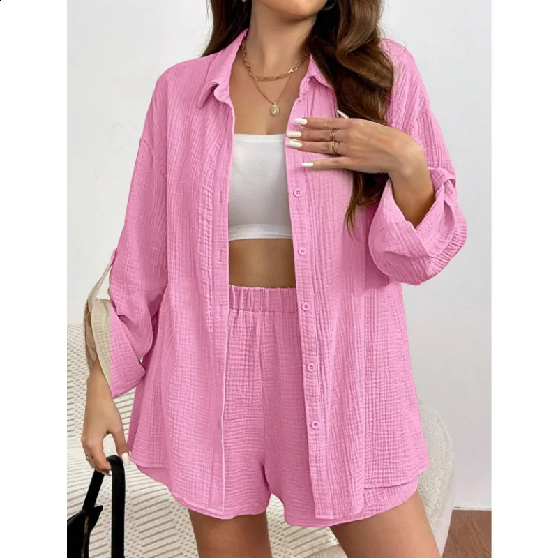 Solid color casual loose womens shorts set elegant summer womens two-piece set full set womens clothing 250422