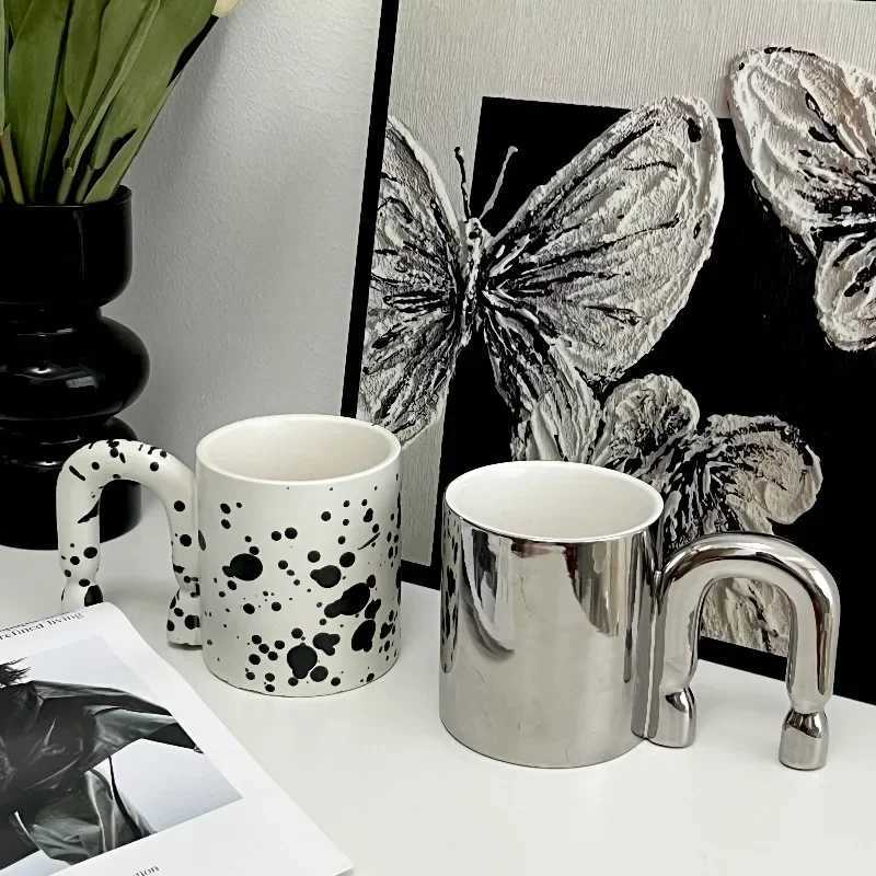 Modern Electroplating Silver Ceramic Mug Art Irregular Shaped Coffee Cup Couple Mug Office Drinking Cup Birthday Gift Decoration Y251125