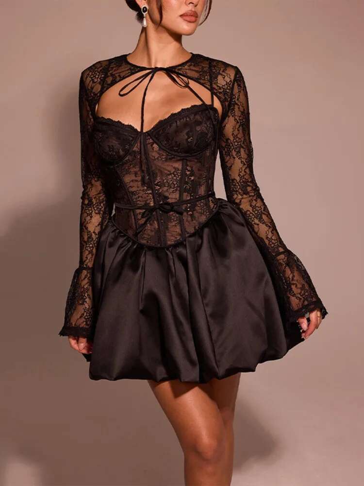 Dongdumaoyi Townlike Lace Patchwork Pleated A Line Dress Women Strapless Mini Autumn Winter Sexy Party Dresses With Shawl