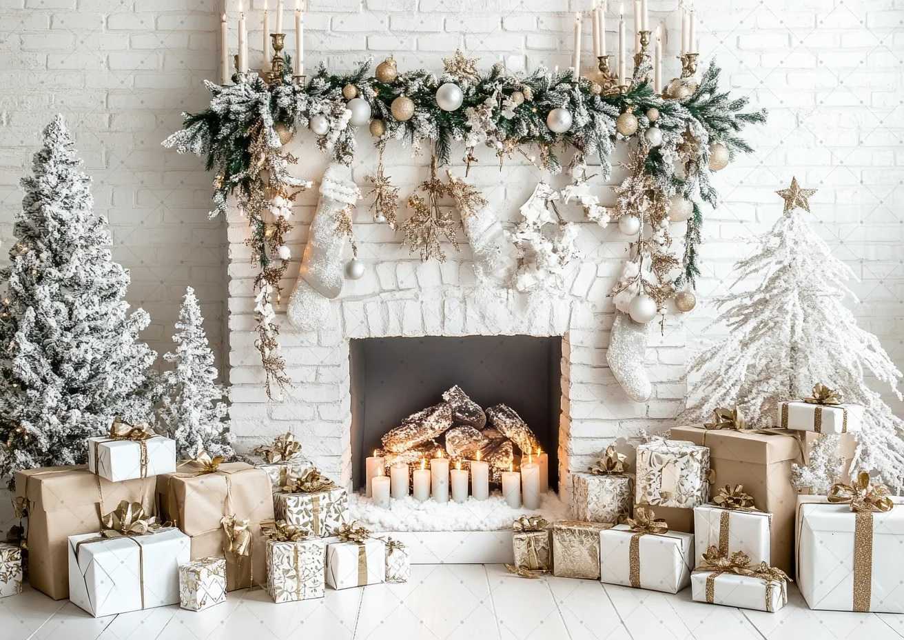 Christmas Fireplace Photography Background Custom New Year White Wall Christmas Tree Child Adult Party Decor Backdrop Photo PropM251125