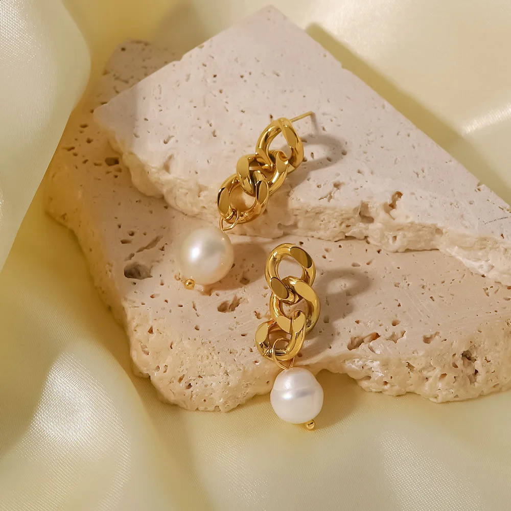 Pearl Pendant Geometric Stainless Steel Cuban Chain Freshwater Pearl Earrings 250422