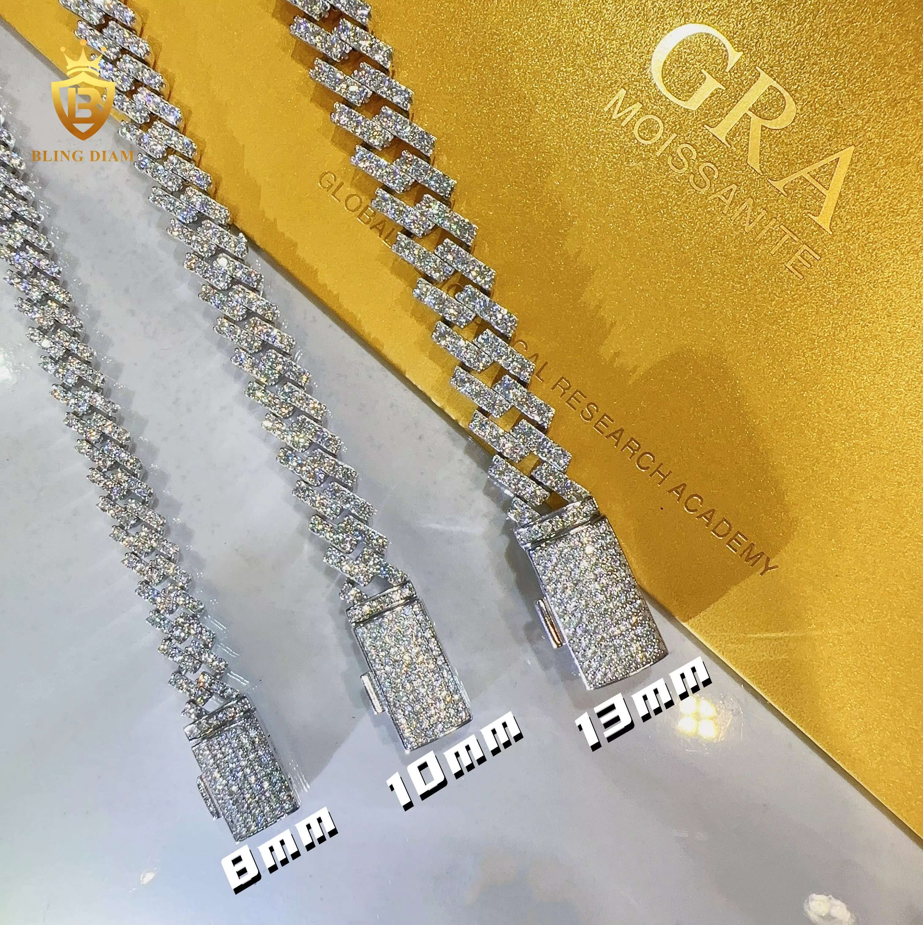Fine Jewelry Necklace 8mm 10mm 13mm Iced Out Cuban Link Chain 1 Row VVS Moissanite Cuban Chains for Men