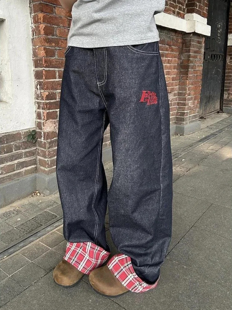 Adagirl Baggy Plaid Jeans Womens Retro Harajuku Alphabet Embroidered Korean Straight Wide Leg Cowboy Trouser Y2k Hip Hop Casual 250422