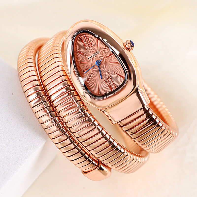Luxury Brand Designer Watches Foreign Trade Snake-Shaped Quartz Watch For Women, Fashionable Two-Circle Steel Band Watch, Versatile Gradient Bracelet 