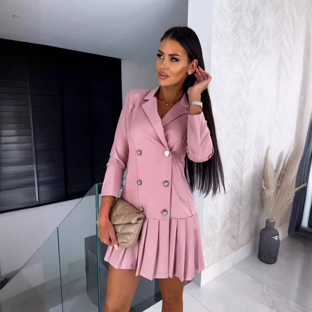 2024 autumn long sleeved V-neck slim fit pleated professional dress for women