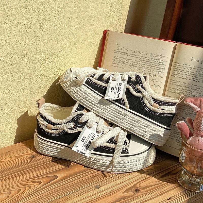 Baikuang 2022 New Autumn Small Fragrance Style Canvas Shoes for Women Low-top Korean Version Versatile Thick-soled Height-increasing White Shoes Trend