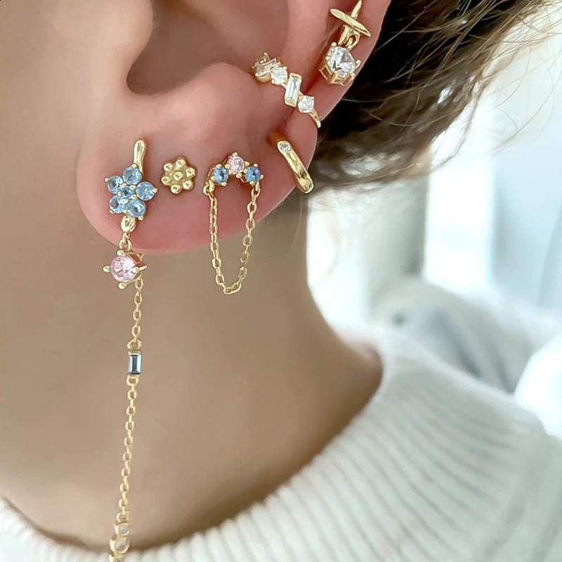 925 Sterling Silver Needle Blue Pink Crystal Stud Earrings For Women Fashion geometry Pendant Earrings Jewelry Gifts 250424