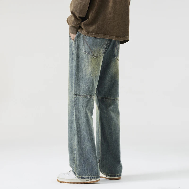 Retro fashion autumn jeans mens straight pocket street clothing patchwork Korean personality casual blue gray Trouser 250409