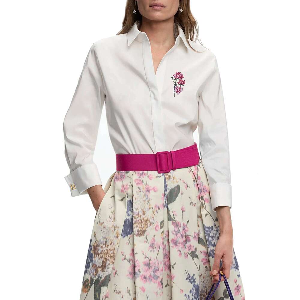 CHCH Women's Temperament Embroidery Lapel Single-Breasted Commuter Long Sleeve Shirt Summer Casual Tops