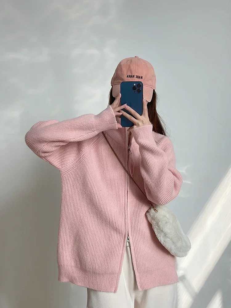 High-neck Sweaters for Women Autumn Winter Double-zipper Loose Oversized Knitted Jacket Female Solid Color Womens CardiganT251125