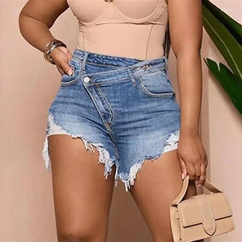 CNLONGBIDA Women's Shorts Fashion Slanted Waist Button Splicing Denim Women Summer Broken Holes Tassel Three Quarter Pants Female Casual Mini Jea
