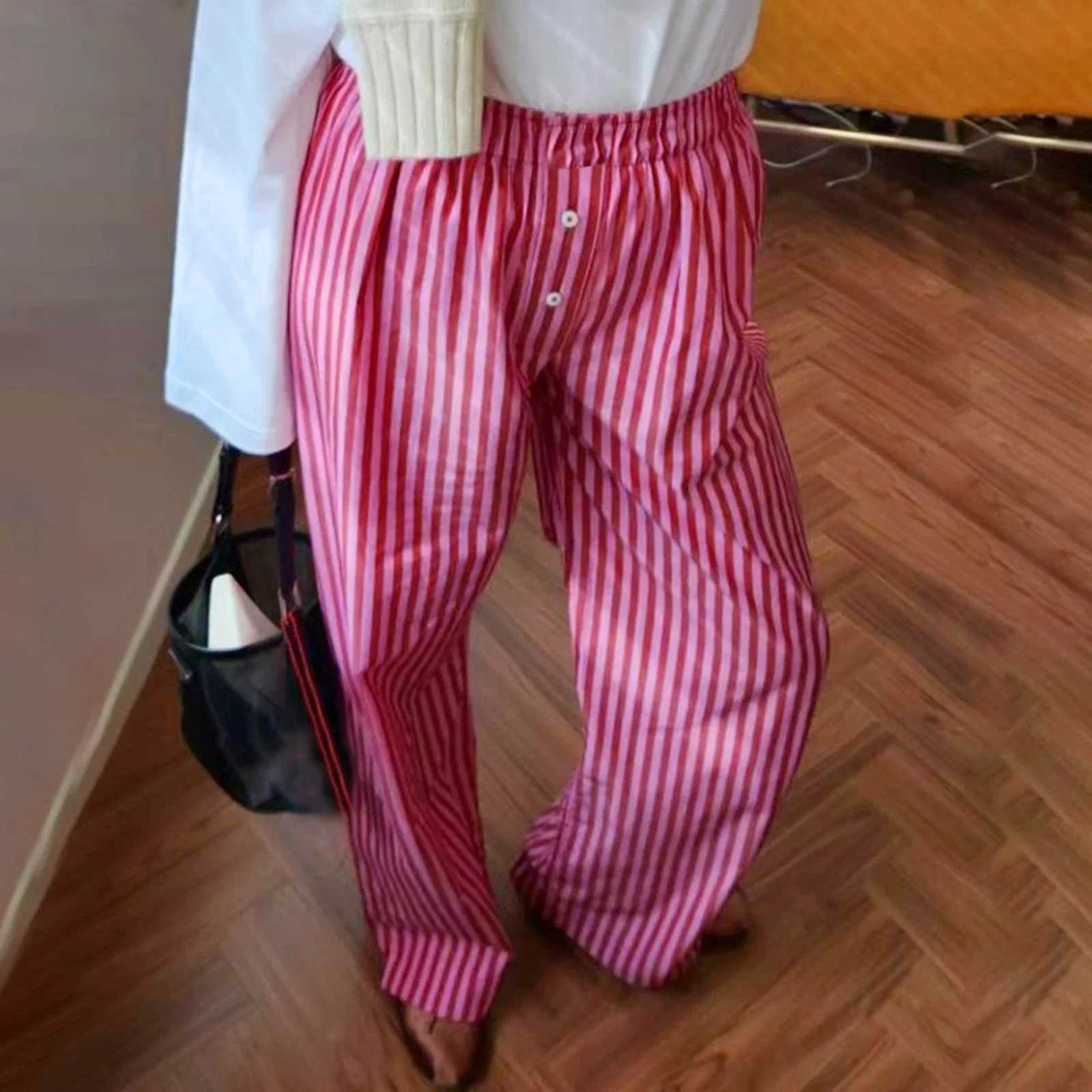 Combhasaki Womens Y2K Retro Casual Stripes/Solid Pants Button Elastic High Waist Aesthetic Loose Straight PantsC250425