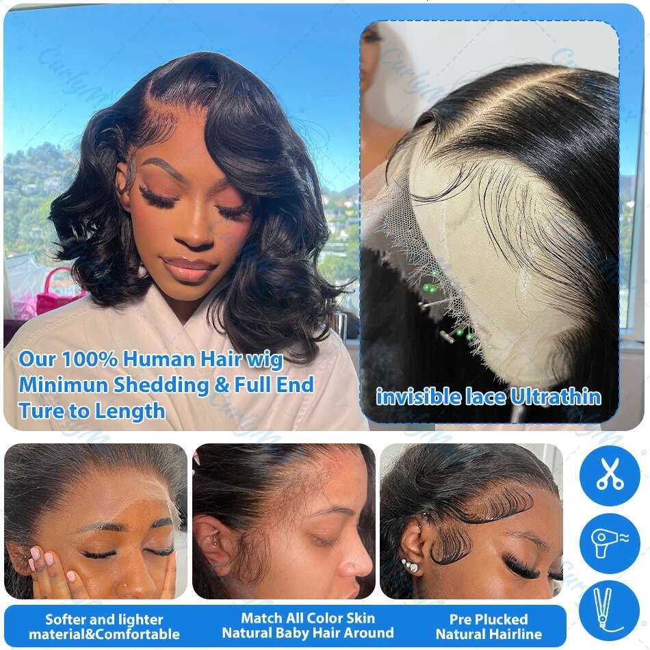 Luvin Brazilian Body Short Bob 13X4 13X6 HD Transparent Lace Front Human Hair Wigs 250% Water Wave 5X5 Closure Wig