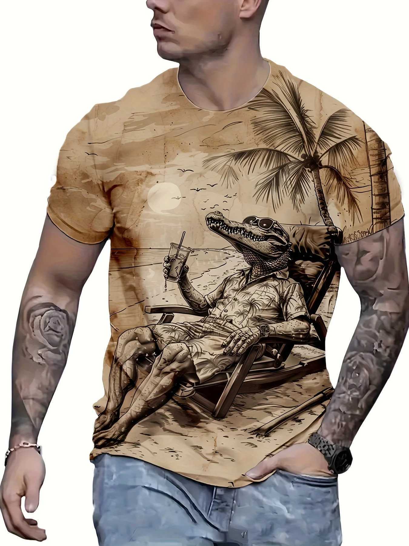 Mens crocodile pattern T-shirt short sleeved crew collar T-shirt mens summer outdoor sportswear casual T-shirt W250425