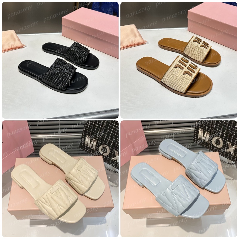Designer sandals woven fabric slides slippers white natural black slipper luxury womens raffia-effect sandal flat heels fashion summer beach women shoes