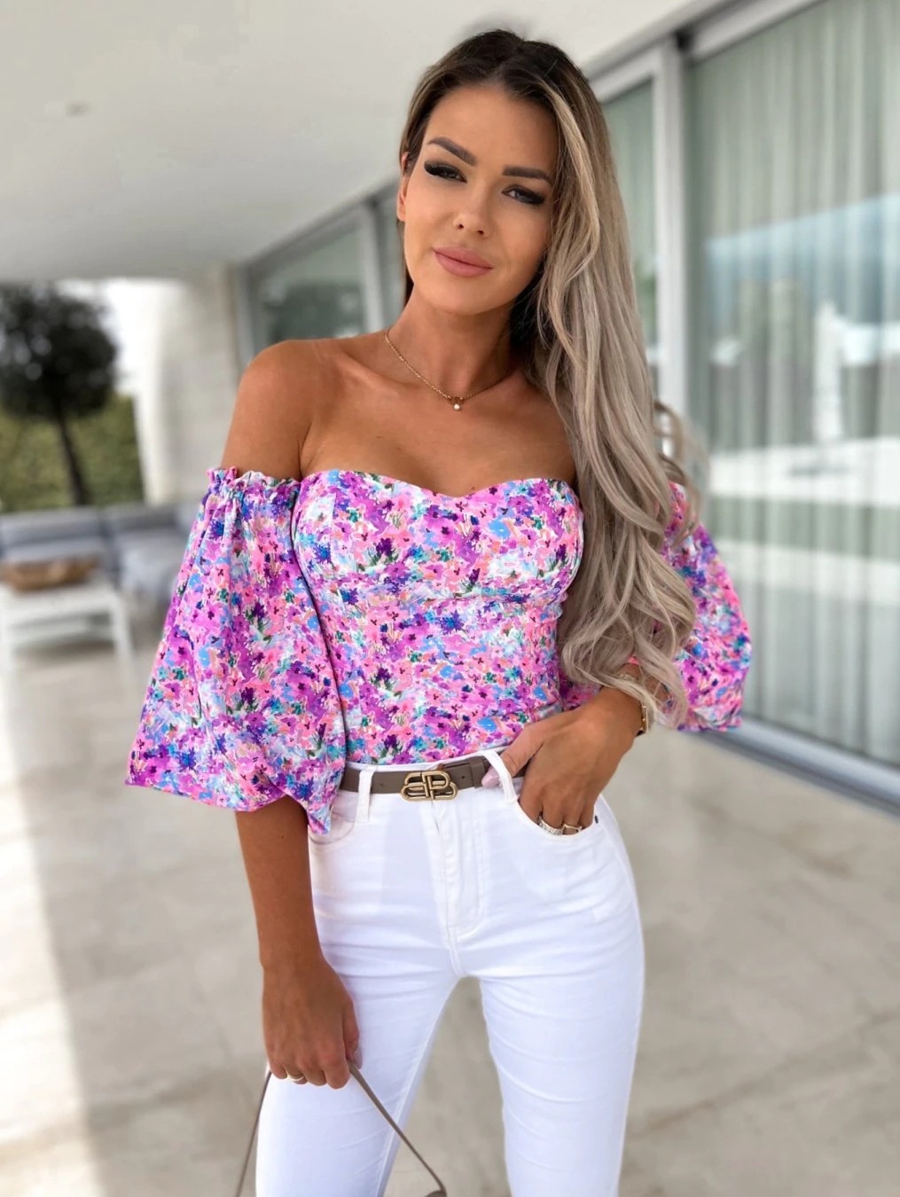 2022 spring / summer sexy one line neck off shoulder wrap chest printed shirt