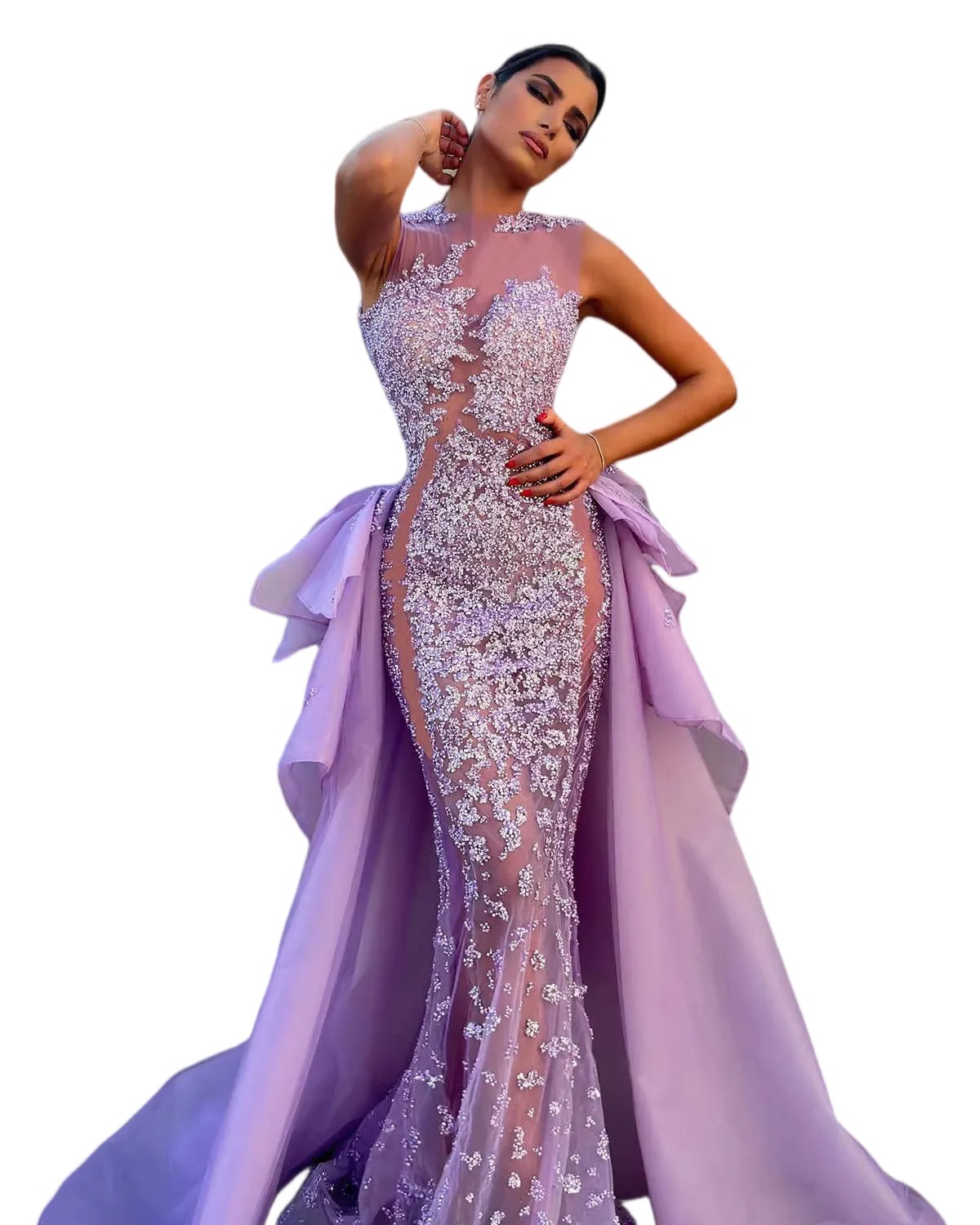 Delicate Lavender Purple Evening Dresses With Detachable Skirt Mermaid Jewel Neck Appliques Sequins Prom Dress Vestido De Noite Customized N25