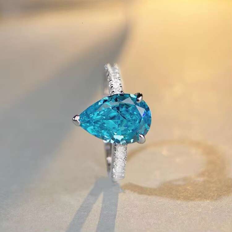 Wholesale Moissanite Rings Sapphire Blue Water Drop Moissanite Ring 925 Sterling Silver Trendy Gemstone Rings Prong Setting