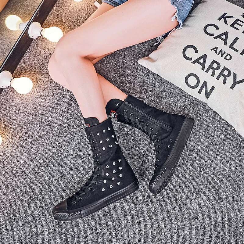 Spring and summer medium-sized lace-up side zipper breathable flat canvas inner heightening large size women's shoes