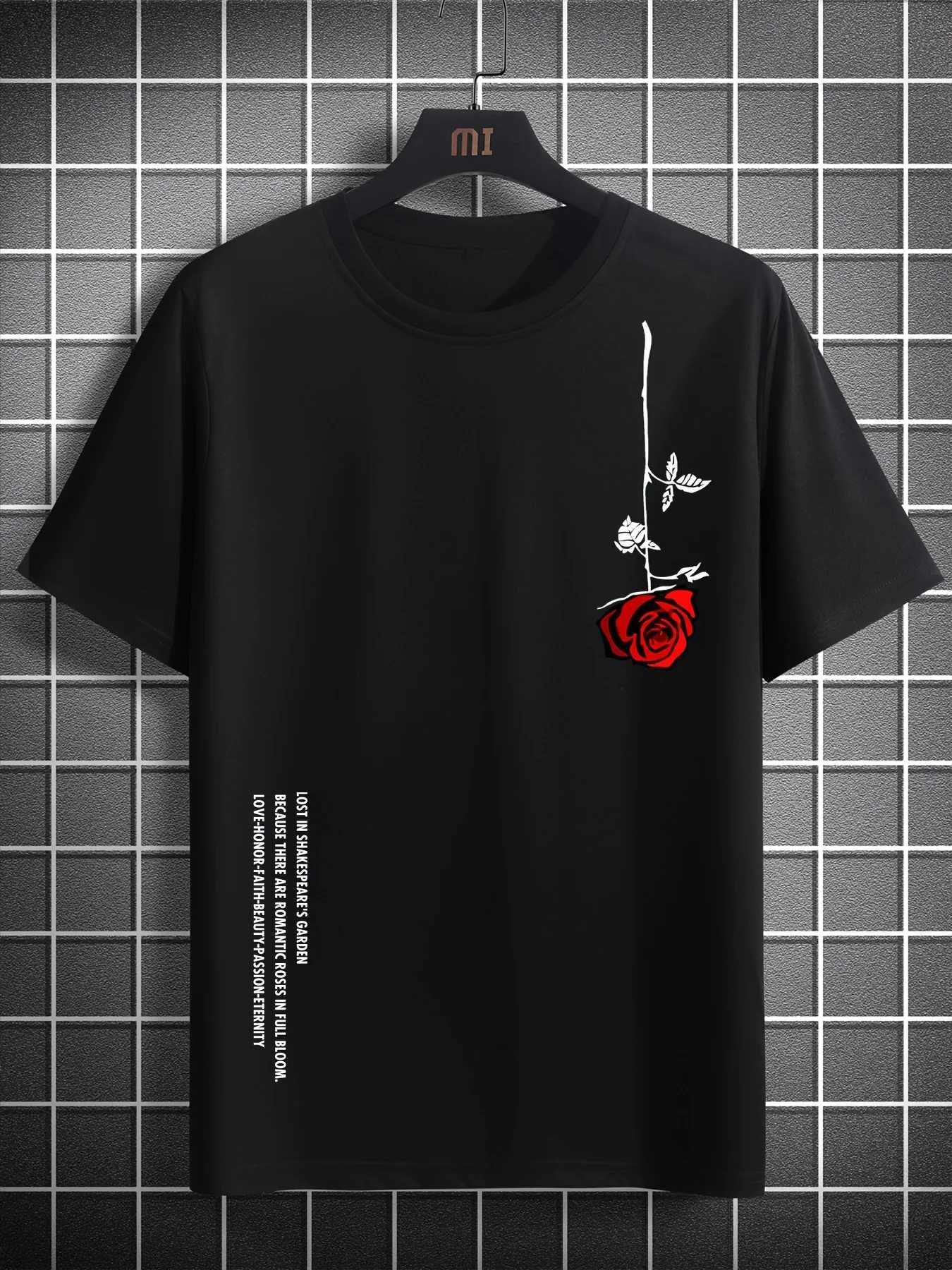 Mens summer loose fit 100% pure cotton rose print casual slim fit round neck short sleeved T-shirt top W250425