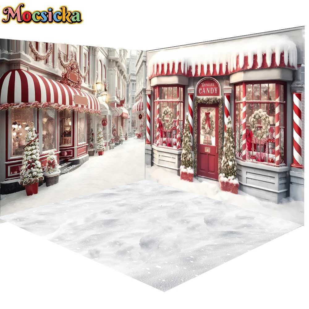 Mocsicka Christmas Photography Background Xmas Tree Winter Snow Red Candy House Shop Decors Family Baby Birthday Photo BackdropsM251125